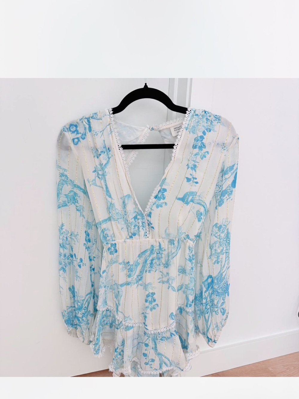 Blue Floral V-Neck Mini Dress with Lace Trim